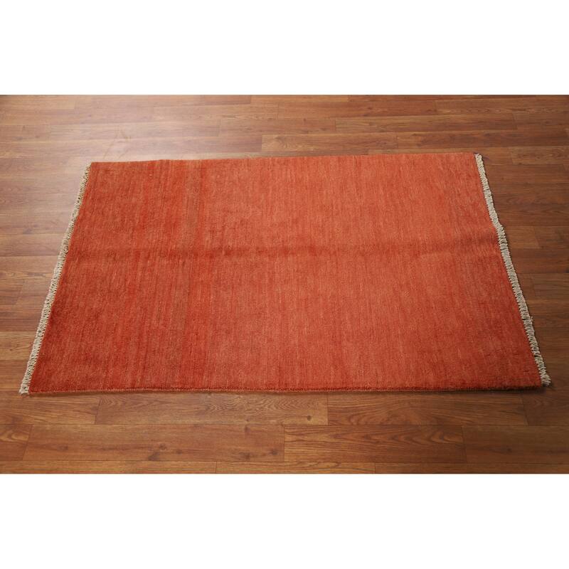 Modern Orange Gabbeh Accent Rug Hand-Knotted Solid Wool Carpet - 2'8" x 4'0"