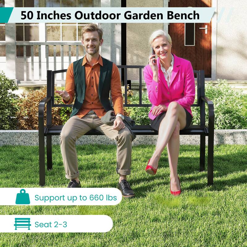 Black Metal Outdoor Garden Bench with Slatted Backrest and Curved Armrests - 50" L × 23" W × 33.5" H
