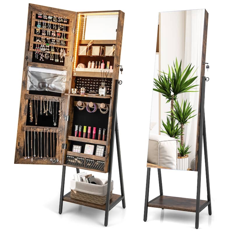 Costway Jewelry Cabinet Armoire 3 Color LED Modes Full-Length - See Details - Rustic Brown