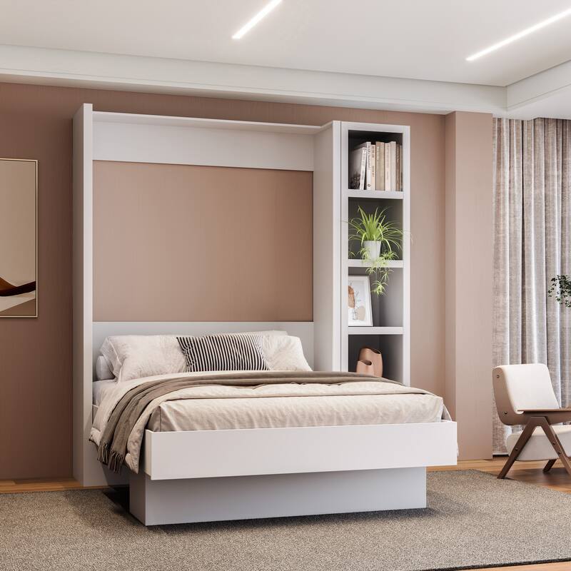Easy-Lift Full Murphy Wall Bed in with Bookshelf - White