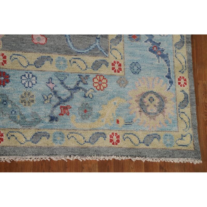 Gray Floral Oushak Oriental Area Rug Hand-Knotted Wool Carpet - 9'0"x 11'9"