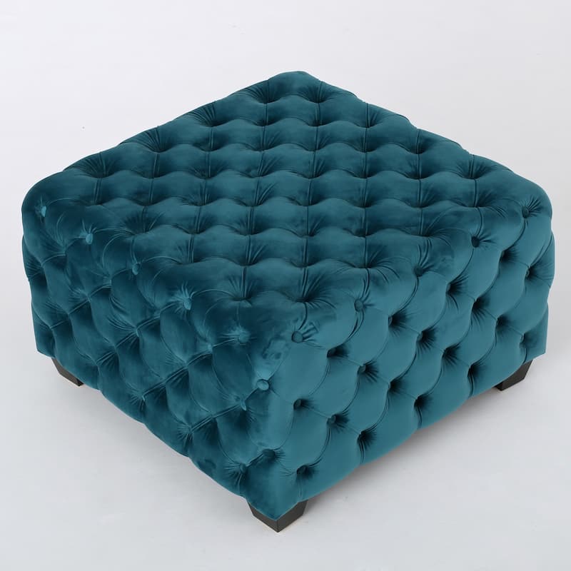 Velvet Ottoman - Teal Button-Tufted Diamond Stitch, 29" Square Modern Glam Footstool with Polyester Upholstery