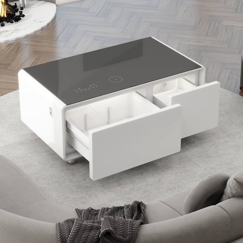 Modern Smart Coffee Table with Built-in Fridge Bluetooth Speaker Touch Control Panel Atmosphere light, for Living Room