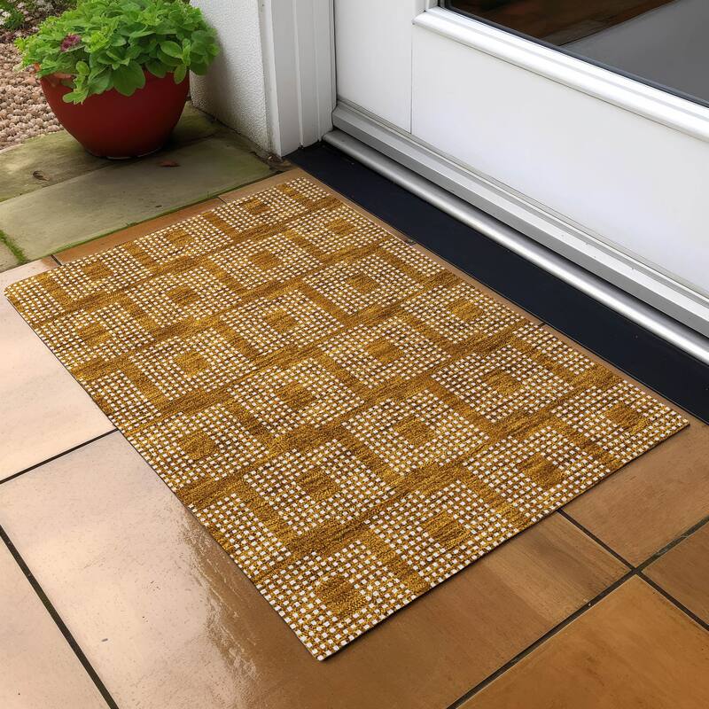 Machine Washable Indoor/ Outdoor Chantille Houndstooth Modern Rug - Terracotta - 1'8" x 2'6"