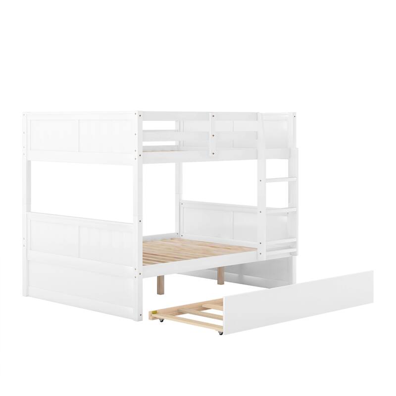 Full Over Full Bunk Bed with Twin Trundle, White - Space-Saving Triple Sleeper with Solid Wood Frame