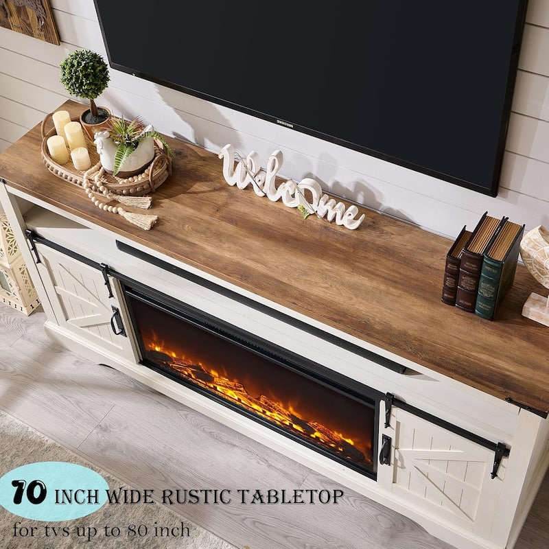 Farmhouse Fireplace TV Stand for 80" TV, Rustic Entertainment Center