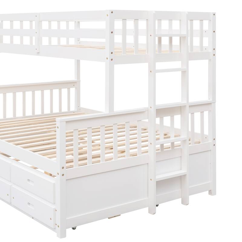 Separable Twin Over Full Bunk Bed Storage Platform Bed with with Pull-out Trundle, Drawers, Ladder and Safety Fence