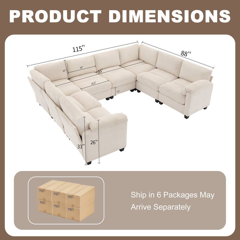 Corduroy Corner Sectional Sofas with Chaise, U-shaped Symmetrical 8-seat Modular Couch