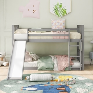 Wood Twin over Twin Bunk Bed Frame w/ Slide & Ladder for Kids, Teens