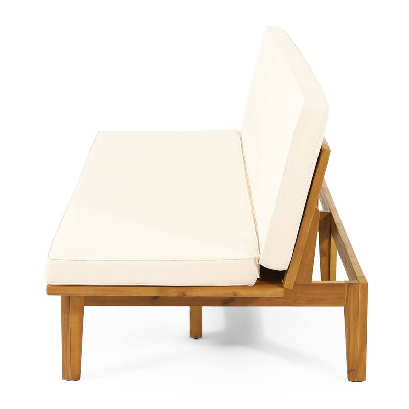 Roomfitters Adjustable Outdoor Wooden Bench with Slatted Backrest and Mid-Century Modern Design, Beige+Teak