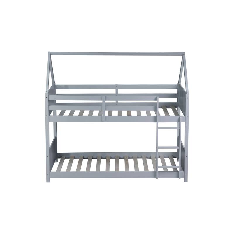 Twin Over Twin Low Bunk Bed with House-shaped Bed Roof Frame, Ladder, Guardrails, Headboards and Footboards For Kids Floor Bed