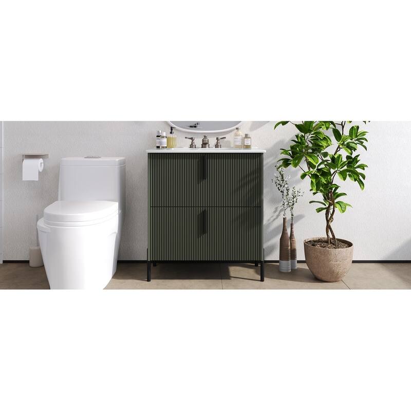 30" Bathroom Vanity with Ceramic Sink and Full-Extension Drawers, Soft Close Undermount Drawer Slides, Fluted Design