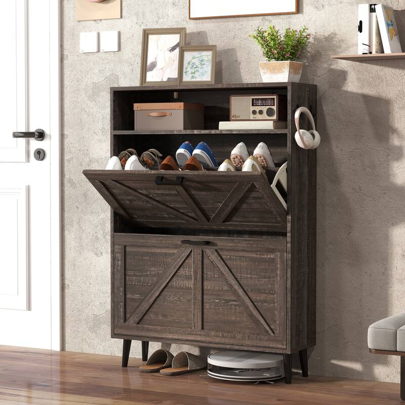 GDFStudio - Charlotte Farmhouse Shoe Storage Cabinet with Barn Door Elegance and Smart Organization - Dark Oak - Shoe Storage Cabinet