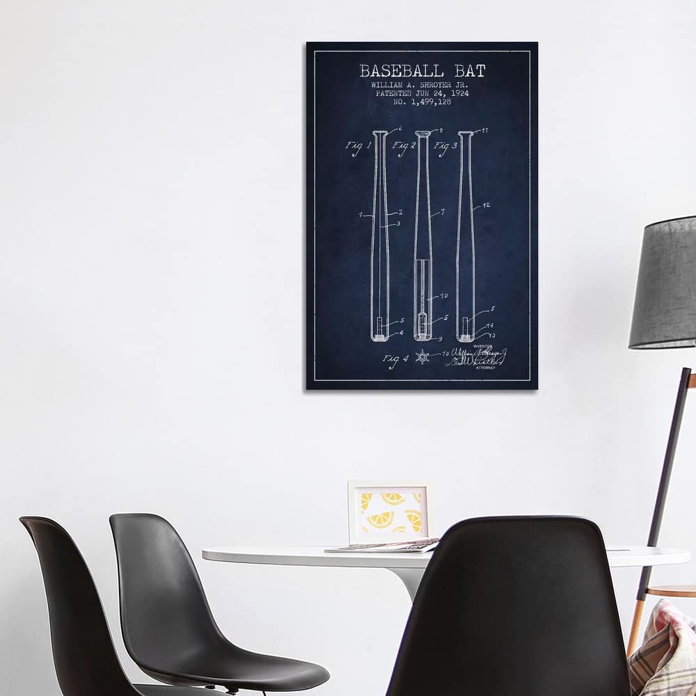 iCanvas "Baseball Bat Navy Blue Patent Blueprint" by Aged Pixel Canvas Print