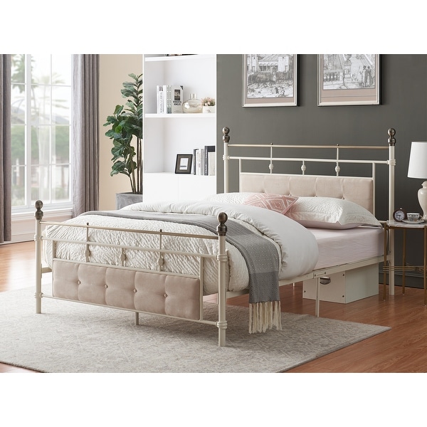 Lvory-white Industrial Flavor Bed Frame With Sponge Filling Headboard