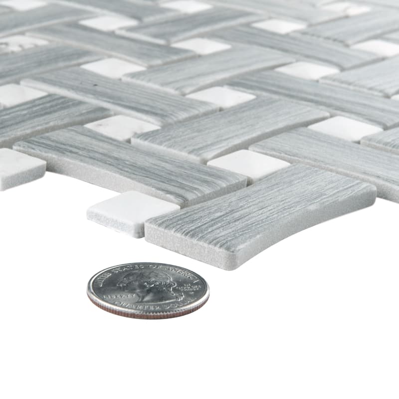 Merola Tile Llama Dog Bone Basketweave Silver Smoke/Calacatta Dot 10" x 10" Porcelain Floor and Wall Tile