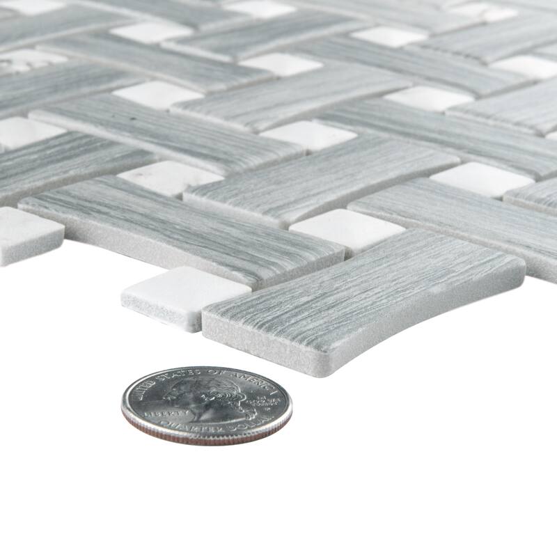 Merola Tile Llama Dog Bone Basketweave Silver Smoke/Calacatta Dot 10" x 10" Porcelain Mosaic Floor and Wall Tile