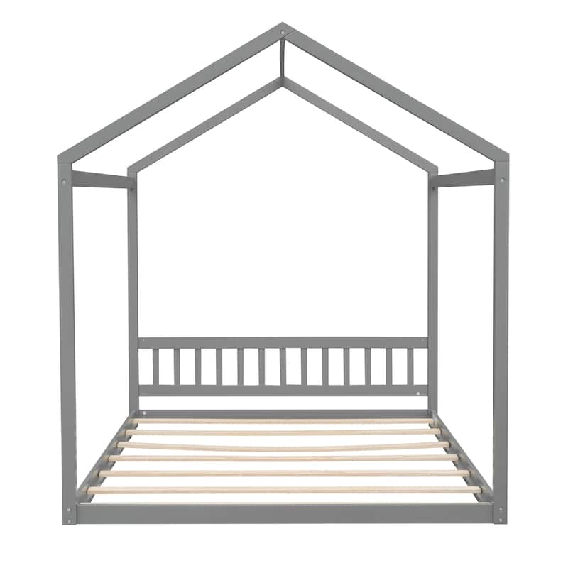 Queen Size Wooden House Bed with Headboard, Mosquito Net Top Modern Low