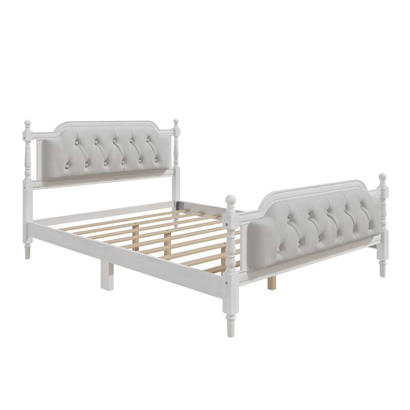 Traditional Style Solid Wood Platform Bed Frame with Upholstered Tufted Headboard, Wooden Slats Support, No Box Spring Needed
