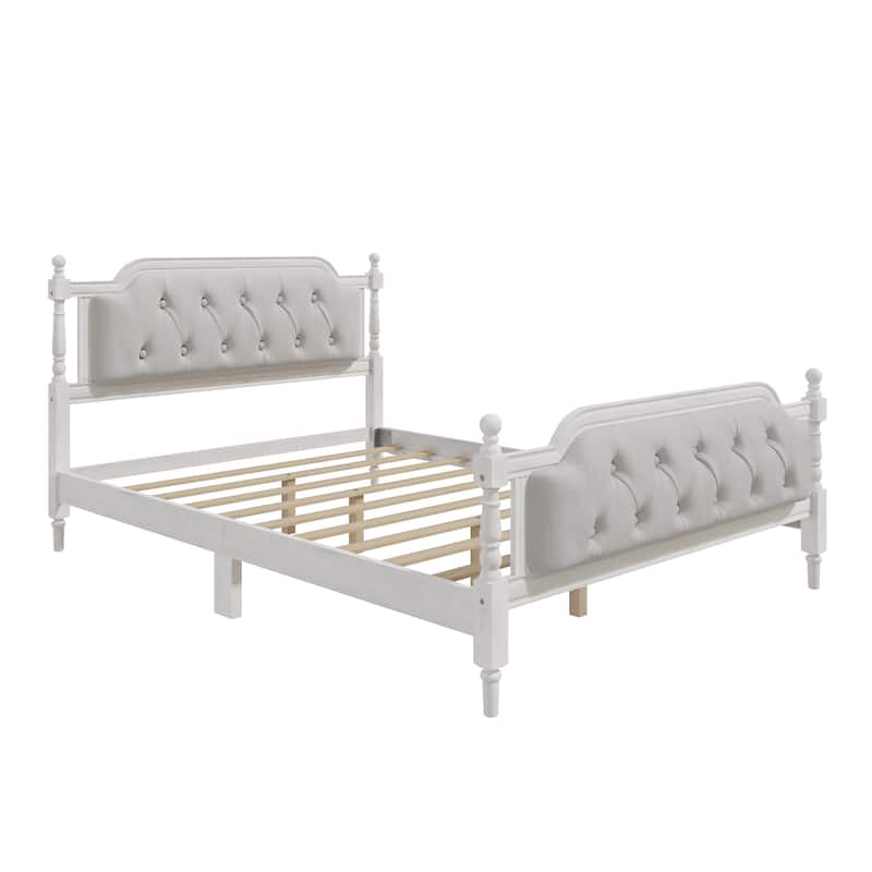 Wood Bed Frame with Button Tufted Headboard and Footboard, Upholstered Bed Four Poster Bed, No Box Spring Needed