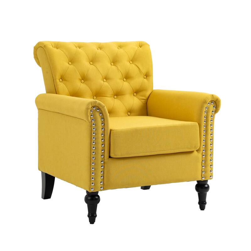 Linen Armchair w/Tufted Back/Wood Legs