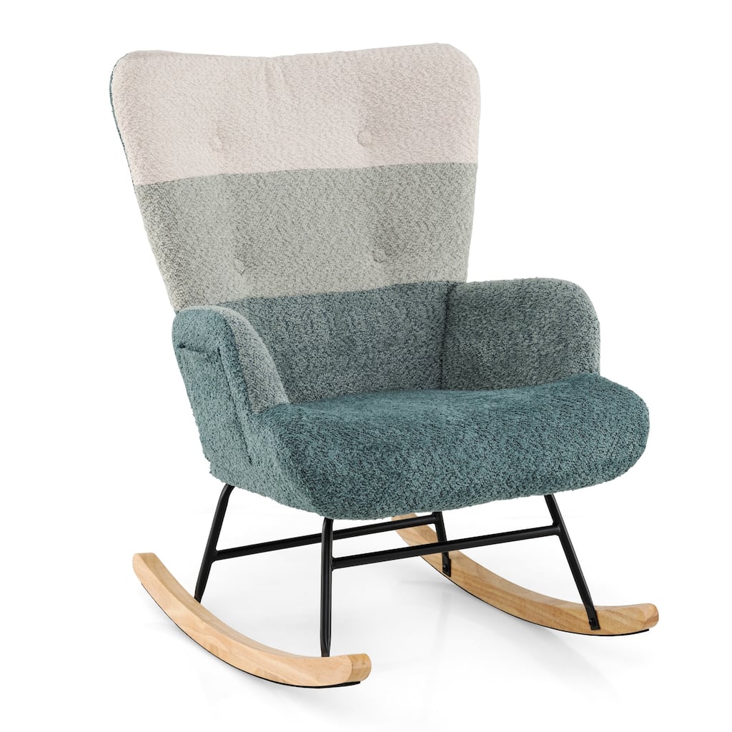 Multi-Color Boucle Sponge Rubber Wood Rocking Chair with Side Pocket - 33" x 27" x 35"