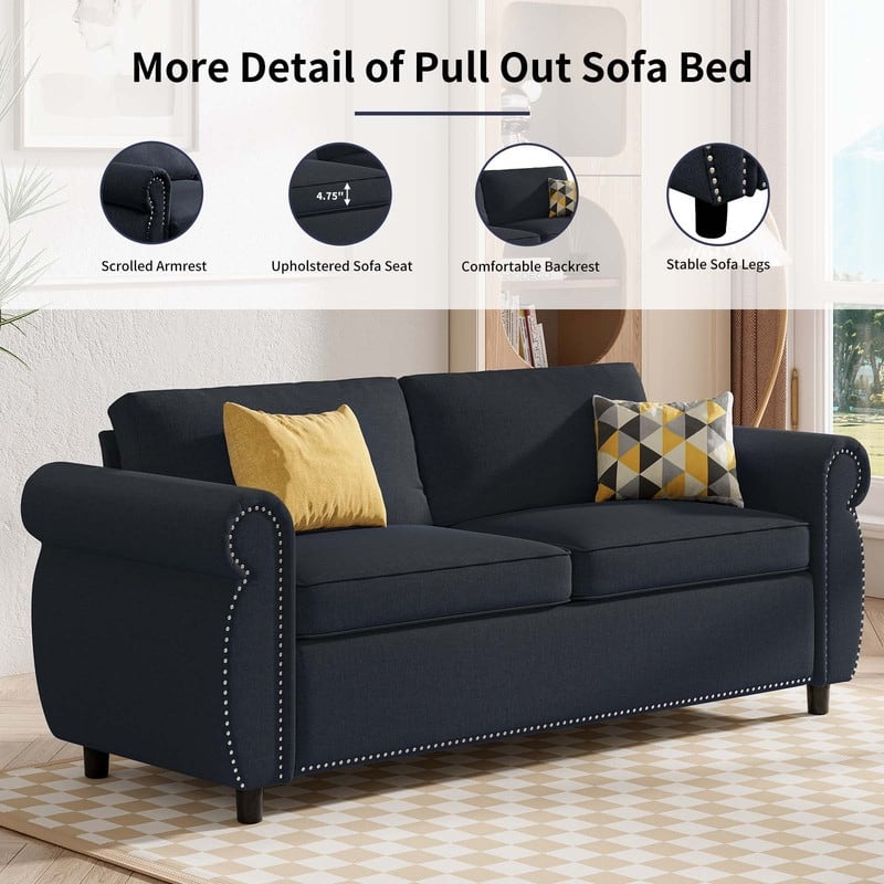 Mixoy Full/Queen Size Pull Out 2 in 1 Sleeper Sofa Bed with Mattress,Convertible Upholstered Loveseat with Nailhead