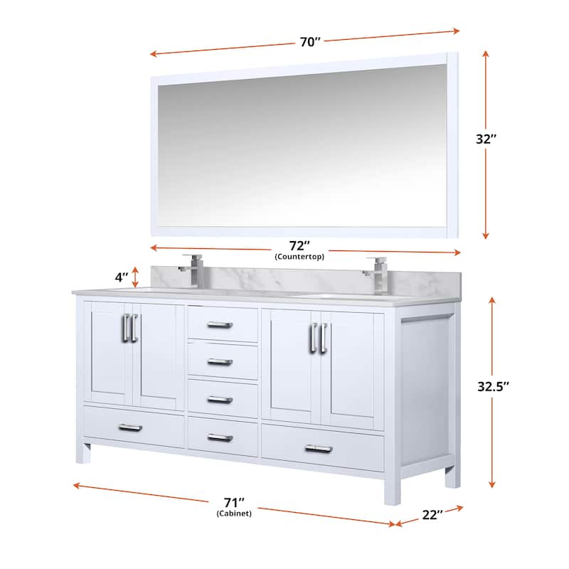 Jacques 72 in. W x 22 in. D White Bath Vanity, Cultured Marble Top, Faucet Set, and 28 in. Mirror