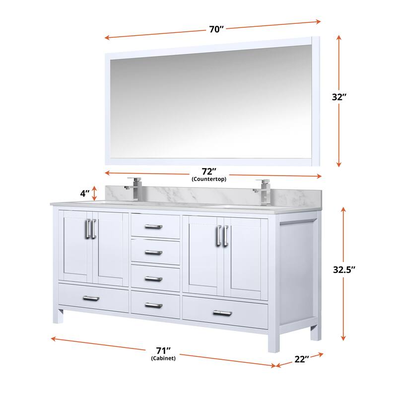 Jacques 72 in. W x 22 in. D White Double Bath Vanity, White Quartz Top, and 70 in. Mirror