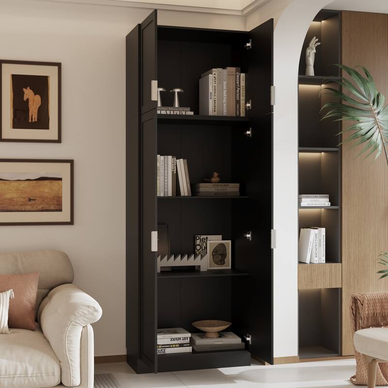 Bookshelves Tall Black Storage Cabinet with Doors, 90.6" Freestanding Pantry Cabinet, Modern Vertical Organizer