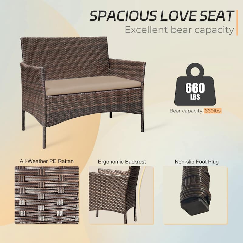 4 Piece Outdoor Patio Furniture Set With Cushions, Patio Wicker Conversation Set & Glass Coffee Table
