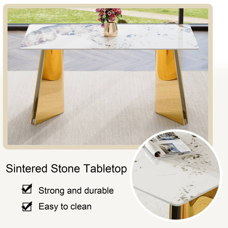 7-Piece Luxury Dining Table and Chair Set, Stone Tabletop Rectangular Table with Stainless Steel Butterfly Legs and 6 PU Chairs