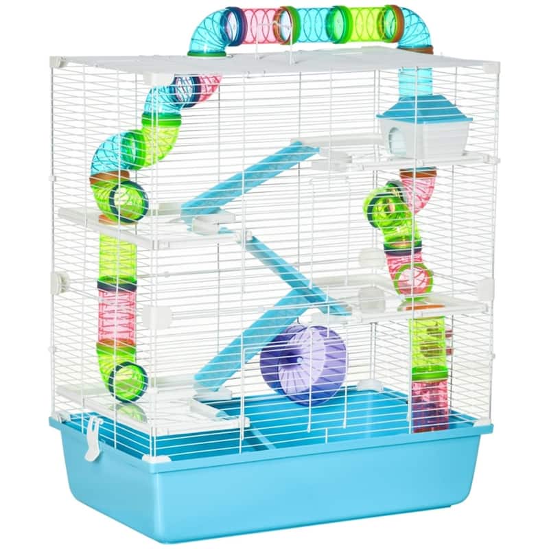 5-Tier Hamster Rat House with Includes Food Bowl and Water Fountain - 23.25" L x 14.25" W x 27.25" H - Light-Blue-White
