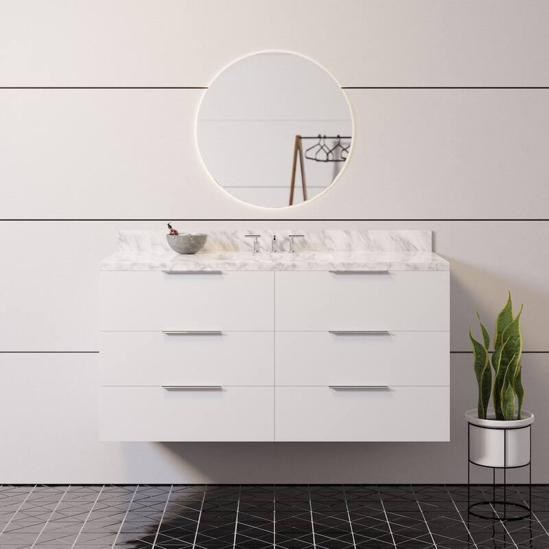 KitchenBathCollection Oslo 48" Floating Wall-Mounted Bathroom Vanity with Carrara Marble Top - White