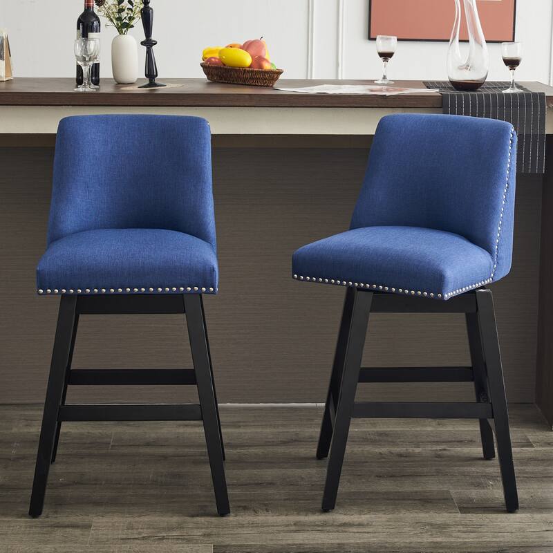 Linen Fabric Swivel Bar Stools Set of 2, Upholstered Bar Chairs with Back, Kitchen Island Stools with Solid Wood Frame - Dark Blue