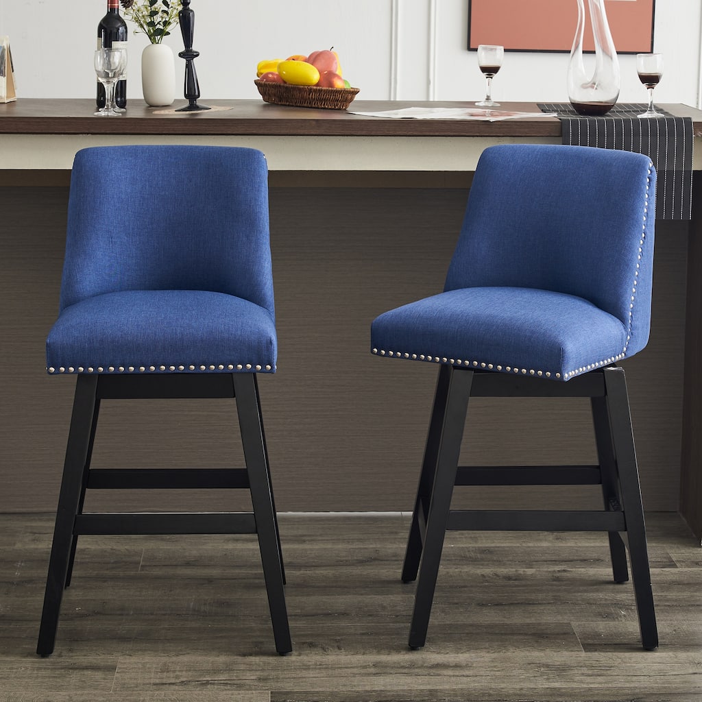 Linen Fabric Swivel Bar Stools Set of 2, Upholstered Bar Chairs with Back, Kitchen Island Stools with Solid Wood Frame