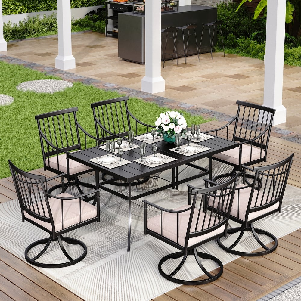 MAISON ARTS 7-Piece Patio Dining Set Steel Panel Table & 6 Dining Arm Chairs