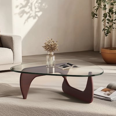 Modern Triangle Glass Coffee Table with Solid Wood Base