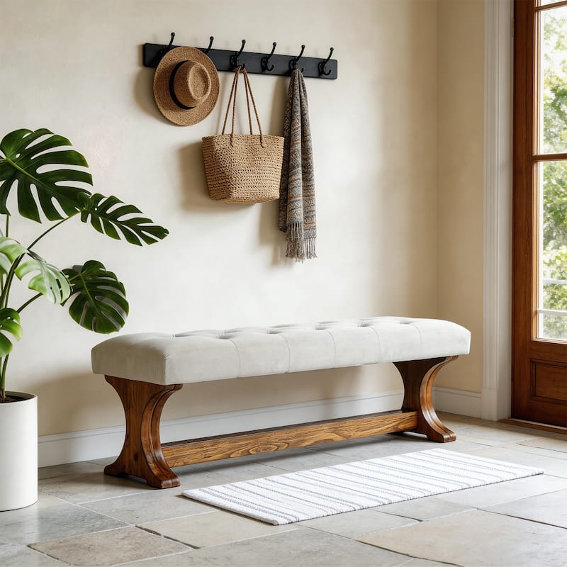 55" Upholstered End of Bed Bench, Solid Wood Tufted Entryway Bench, Ottoman with Cushion for Bedroom, Living Room, Hallway