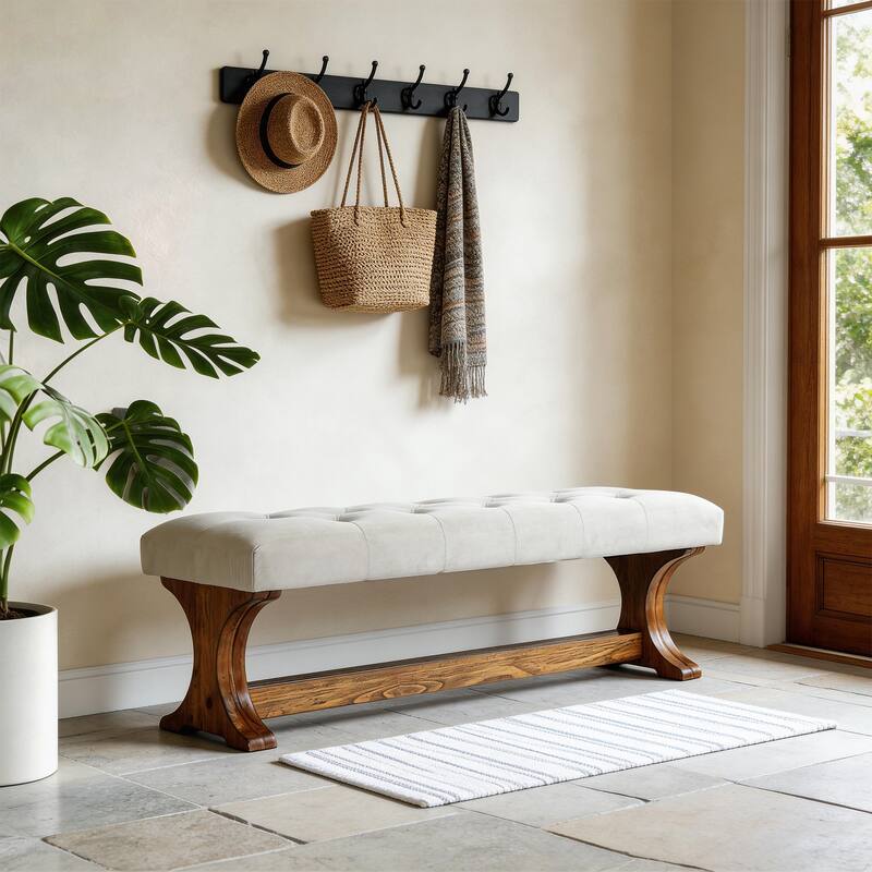 55" Upholstered End of Bed Bench, Solid Wood Tufted Entryway Bench