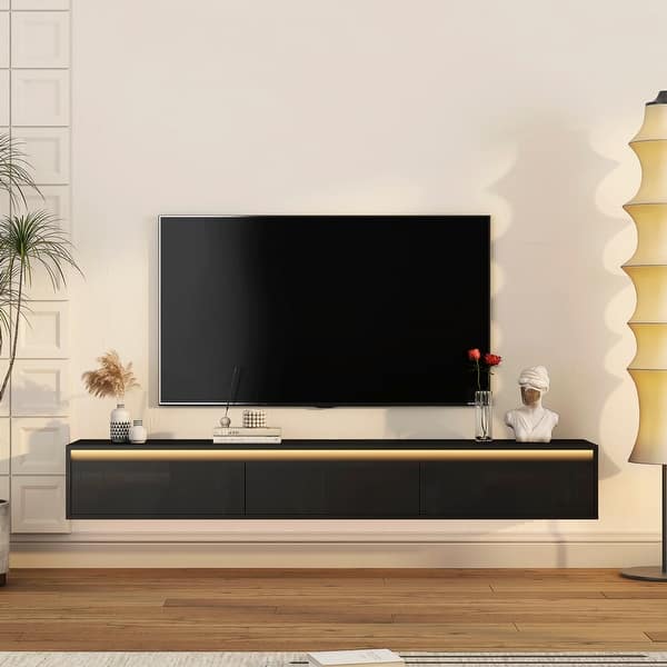 Floating TV Stand Black Media Cabinets with LED Lights & Power Outlet - 64.96" x 11.81" x 9.05"