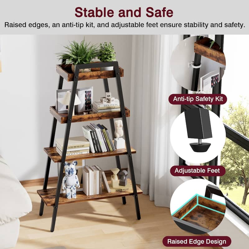 VECELO Modern 4-Tier Corner Ladder Bookshelf Metal & Waterproof MDF Shelves for Living Room Kitchen & Bathroom Corner Bookcase