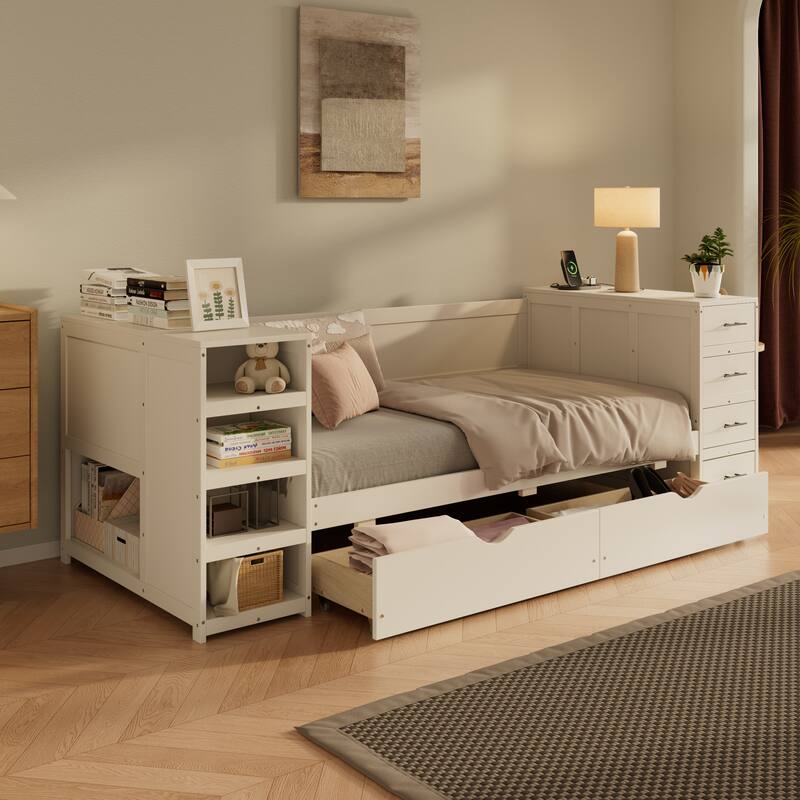 White Twin Daybed with Desk - Storage Bed with Shelves, Drawers & Charging Station