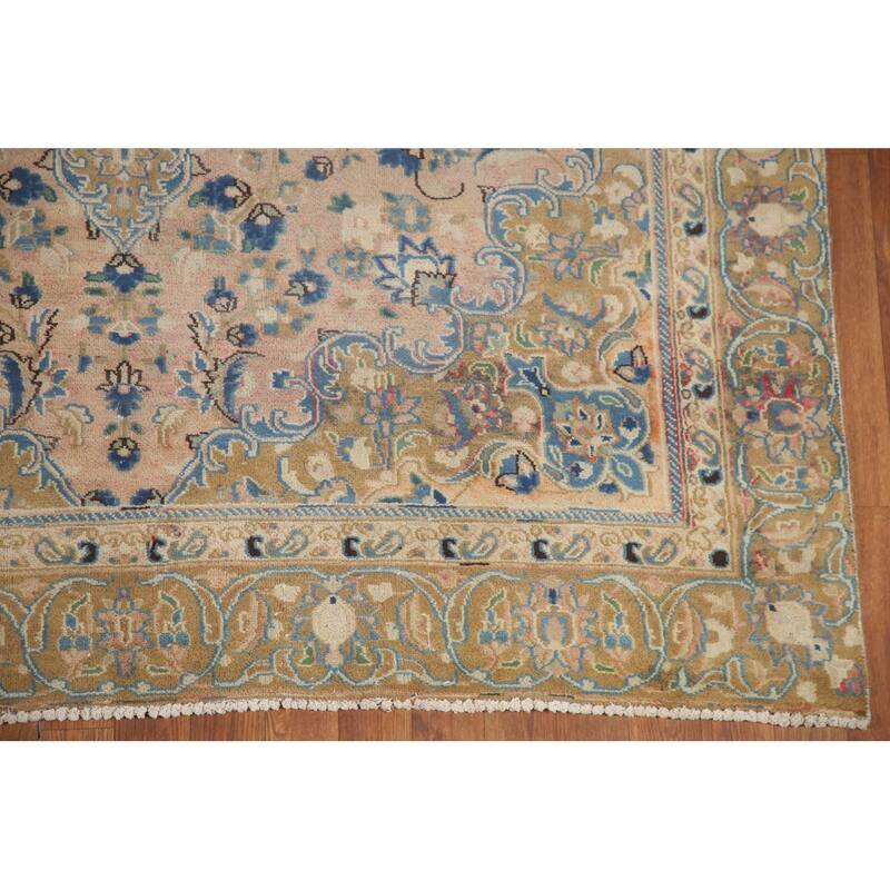 Hand Knotted Oriental 100% Wool Carpet Traditional Floral Pink Mashad Area Rug - 9' 1'' X 5' 7''