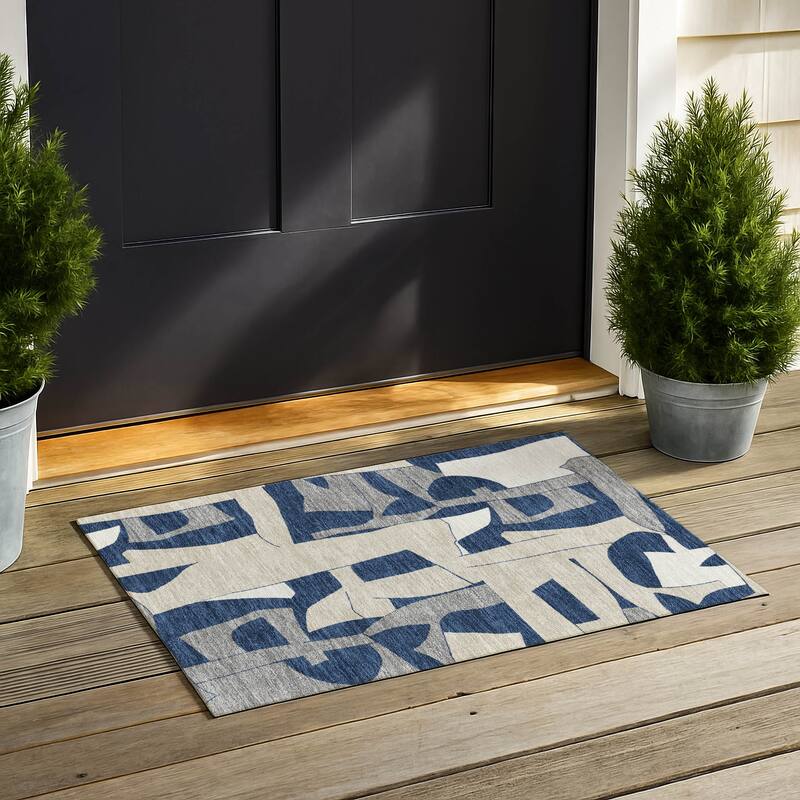 Machine Washable Indoor/ Outdoor Modern Crestone Chantille Rug - Navy - 1'8" x 2'6"
