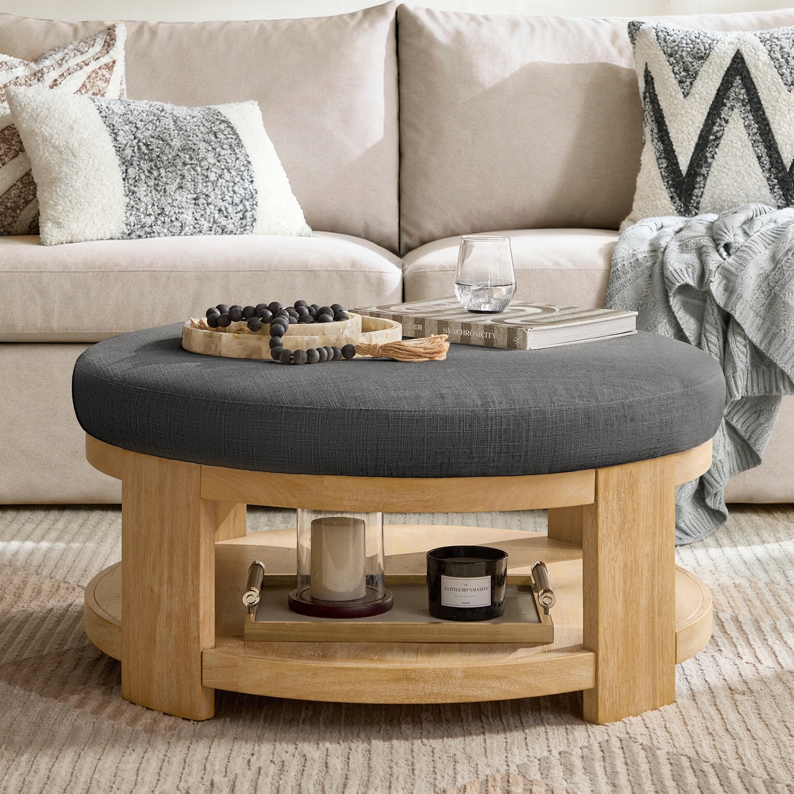 Zenith Modern 40" Round Cocktail Ottoman with Solid Wood Base and Quick Assembly By HULALA HOME