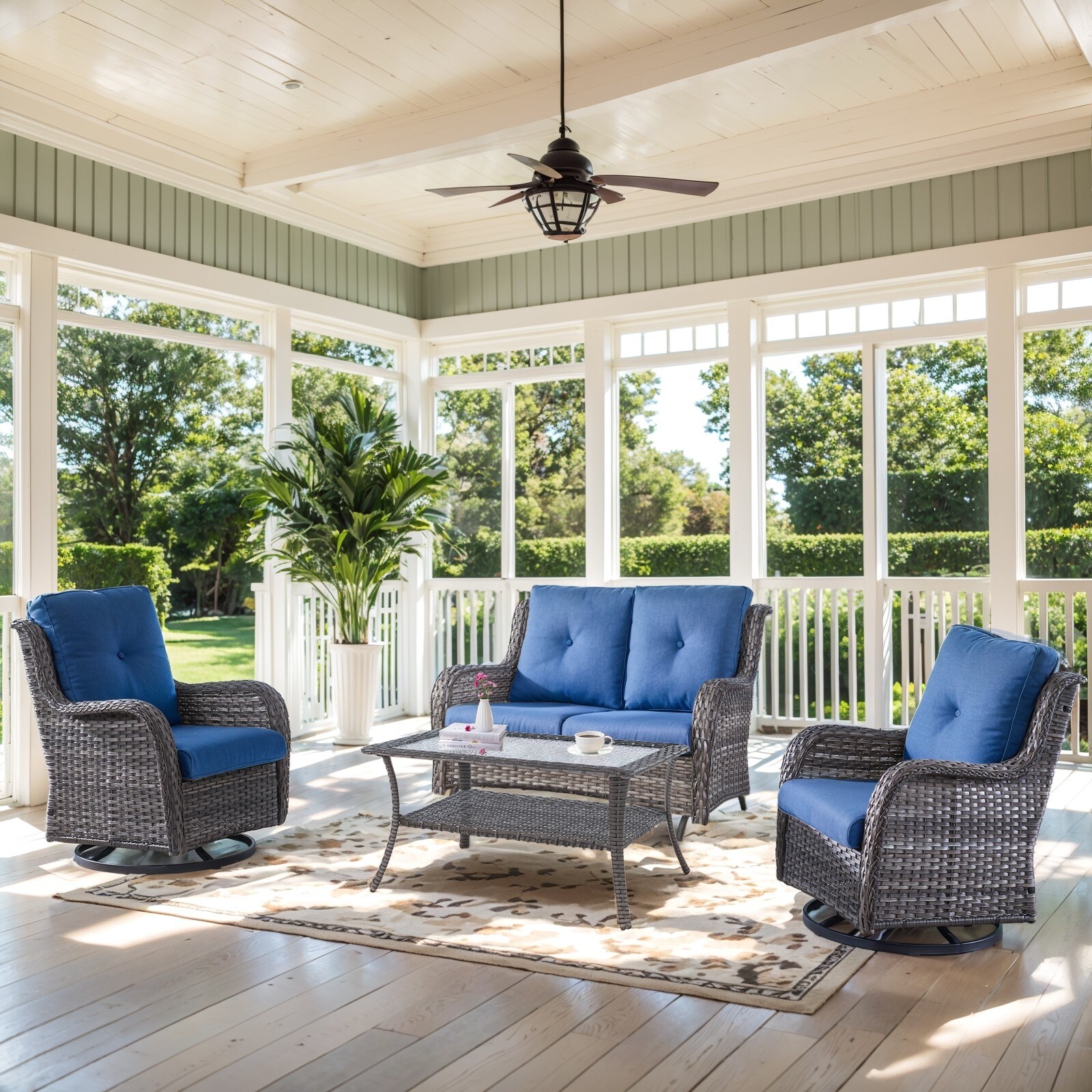 Outdoor Swivel Chair with Glider Loveseat Table - Blue cushion - Grey