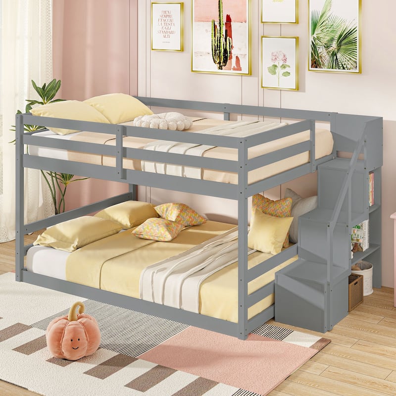 Costway Full Over Full Low Bunk Bed with Storage Stairs with