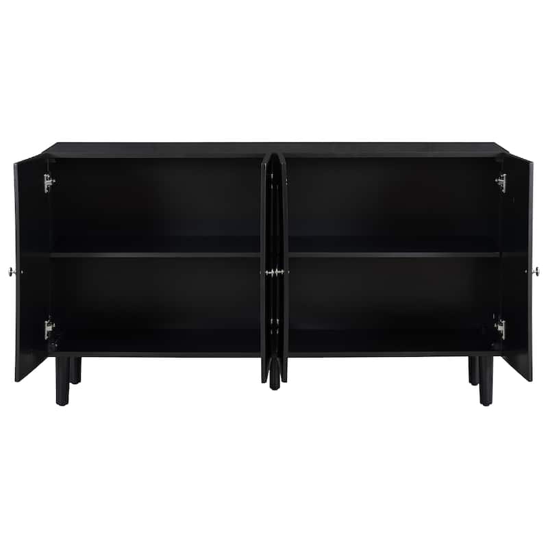 Rubber Wood 4 Door Sideboard with Wavy Pattern Doors and Cylindrical Legs, Storage Cabinet with Metal Door Handle