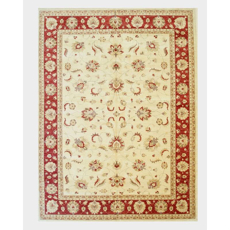 Ivory Hand-Knotted Wool Traditional Peshawar Rug, 10'3 x 14', Elegant Large Floor Rug - L
